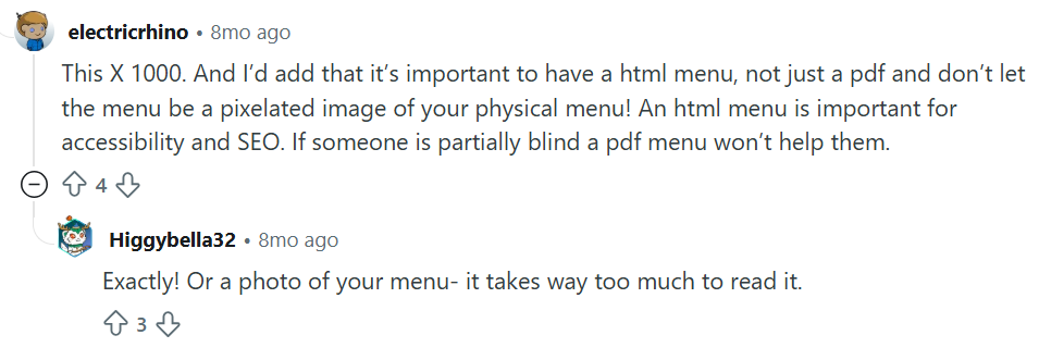 screenshot of a reddit thread on restaurant websites