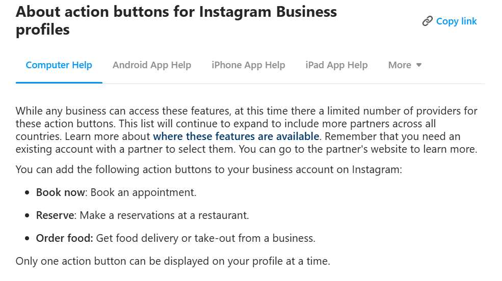 Instagram Help page explaining action buttons for business profiles such as Book Now and Reserve