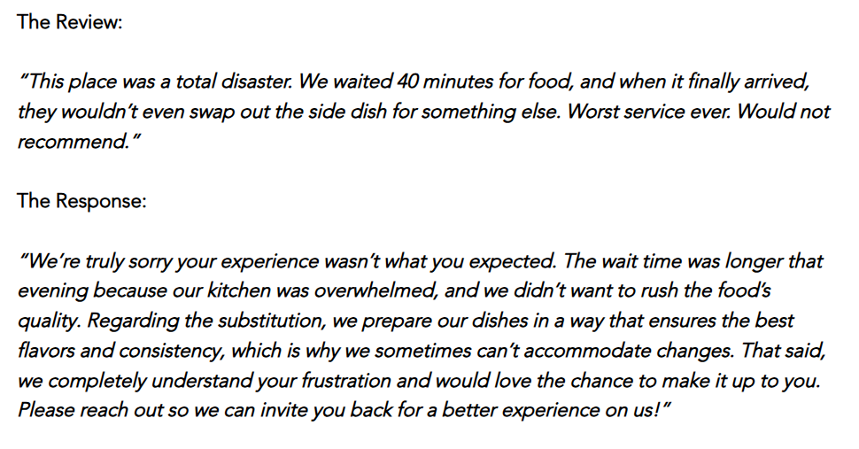 Example of a negative restaurant review and a professional customer service response
