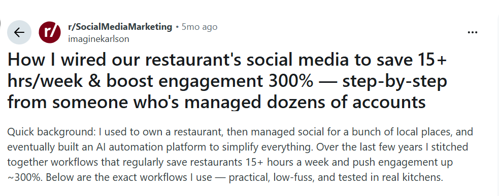 Reddit post about restaurant social media automation
