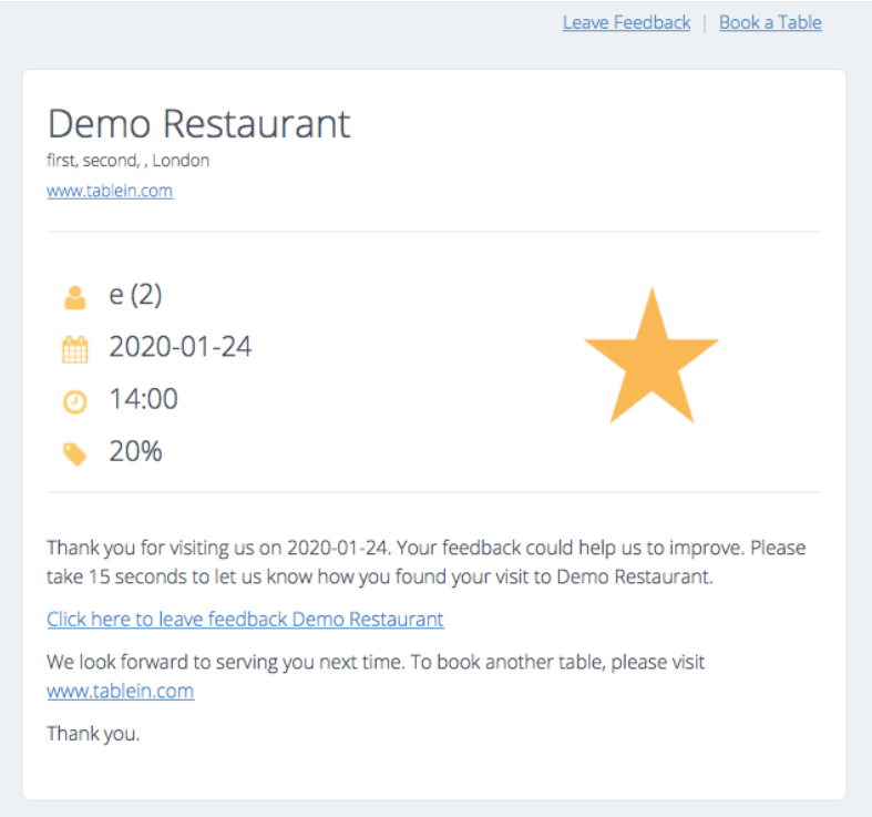 tablein restaurant feedback request screenshot